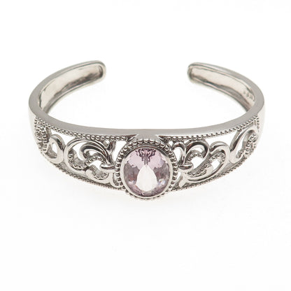 Sai 925 Sterling Silver Real Kunzite & C Z Floral Adjustable Cuff Bracelet 7.5"