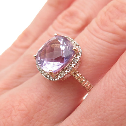 925 Sterling Silver Rose Gold Plated Real Diamond & Amethyst Ring Size 8