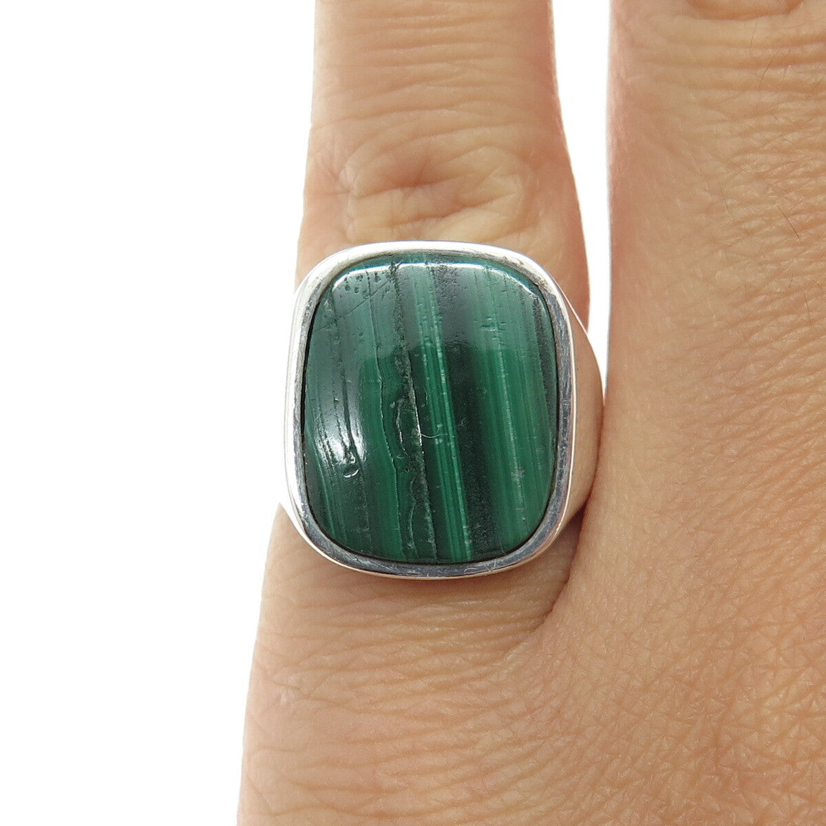 925 Sterling Silver Vintage Real Malachite Gemstone Ring Size 5