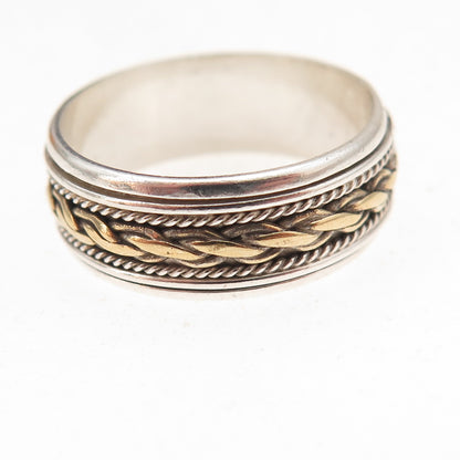 925 Sterling Silver 2-Tone Vintage Woven Rotating Oxidized Band Ring Size 10