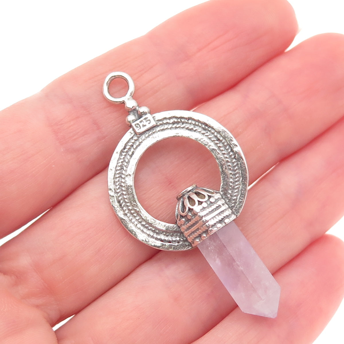 925 Sterling Silver Vintage Real Amethyst Circle of Life Amulet Oxidized Pendant