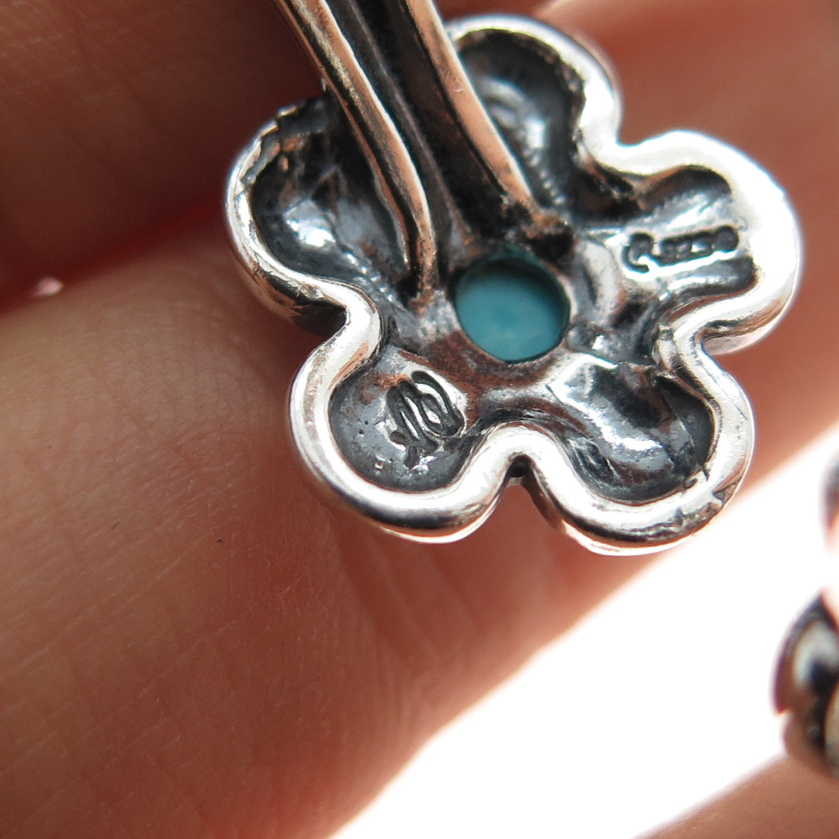 CAROLYN POLLACK 925 Sterling Vintage Turquoise Flower Double-Finger Ring Size 11