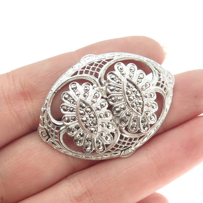 KILMER & DANIELS 925 Sterling Silver Antique Art Deco Marcasite Floral Brooch