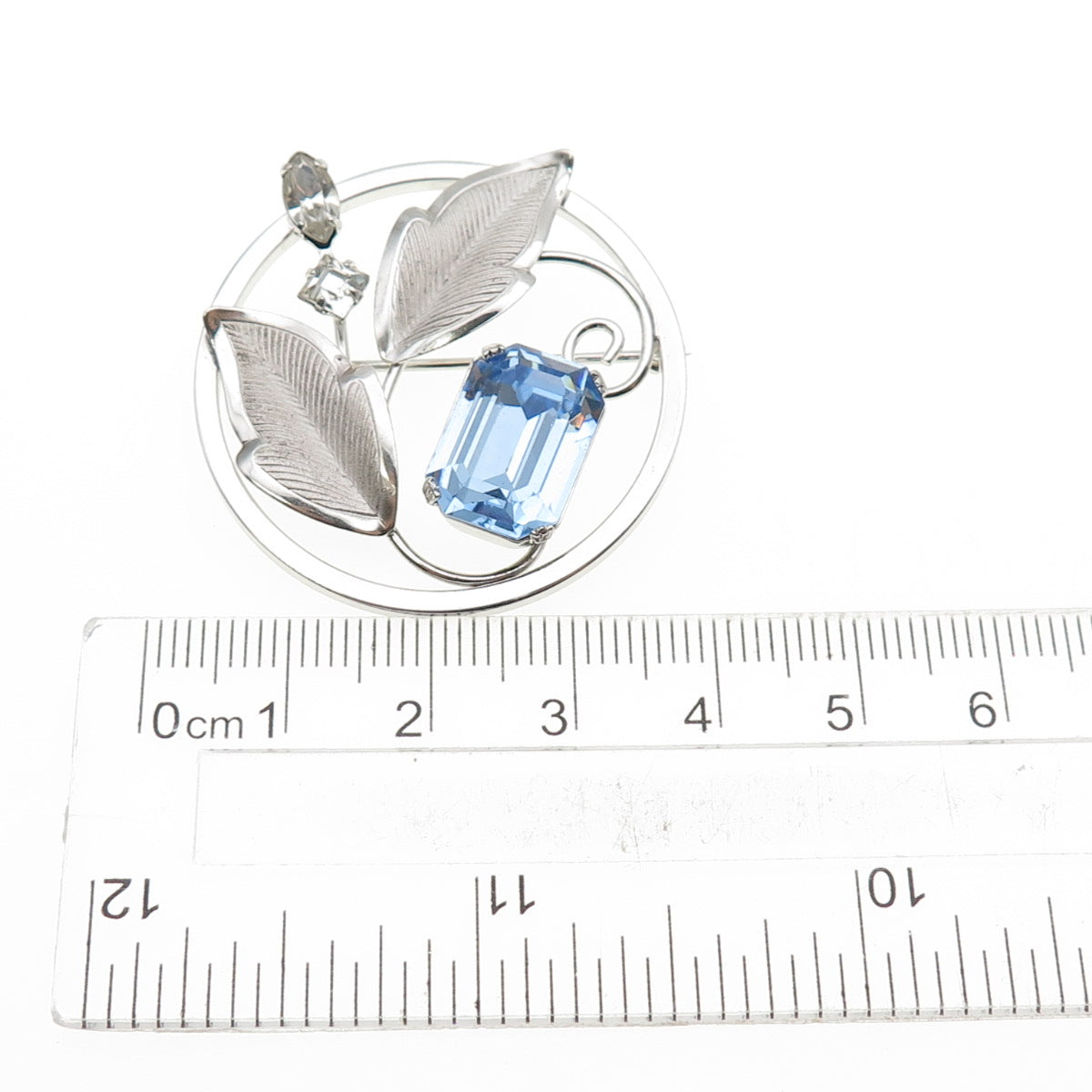 LORAN SIM 925 Sterling Antique Art Deco Blue White Rhinestone Floral Pin Brooch