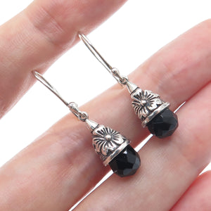 925 Sterling Silver Vintage Real Black Spinel Gemstone Floral Dangle Earrings