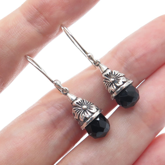 925 Sterling Silver Vintage Real Black Spinel Gemstone Floral Dangle Earrings
