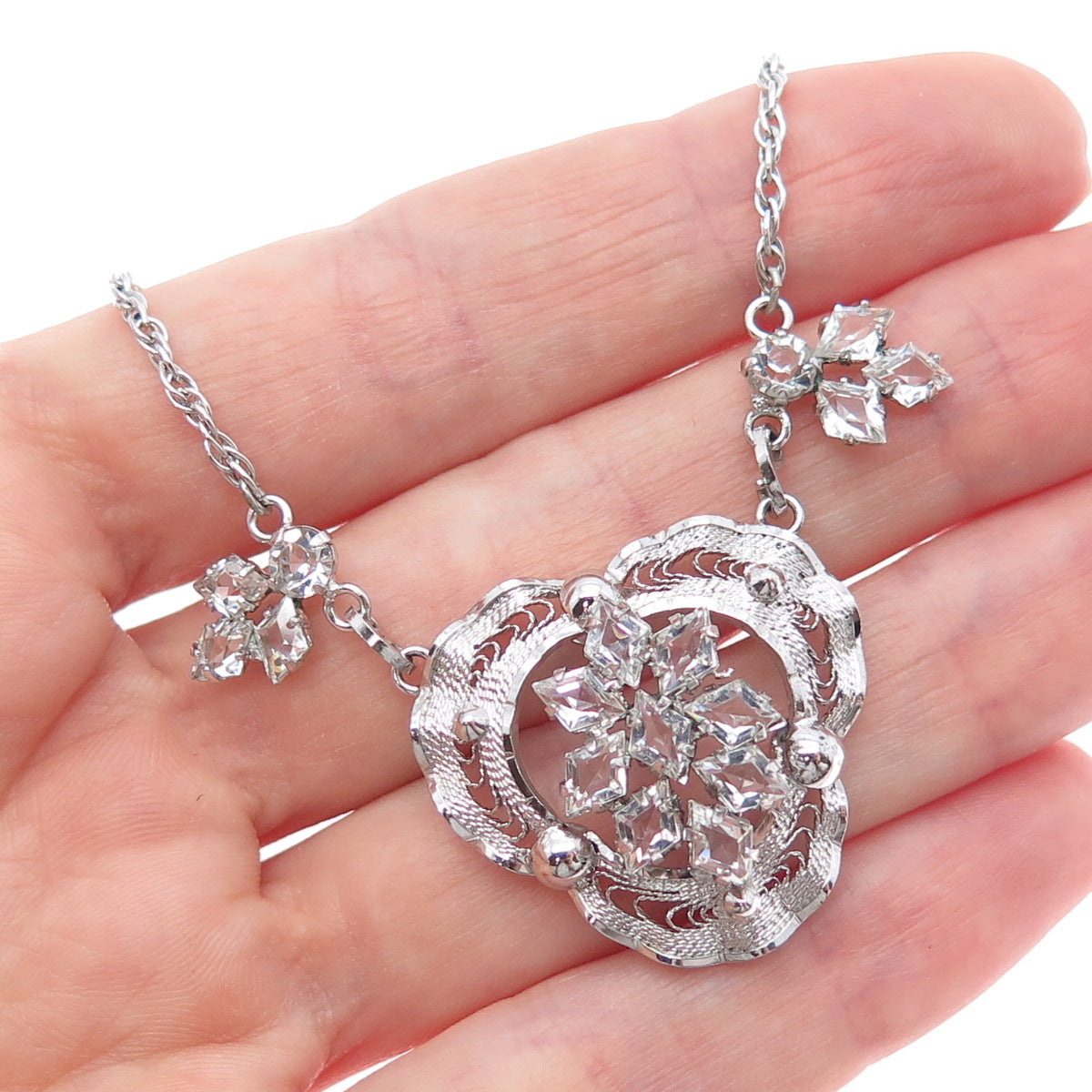 AM LEE 925 Sterling Silver Antique Art Deco Rhinestone Filigree Necklace 16"