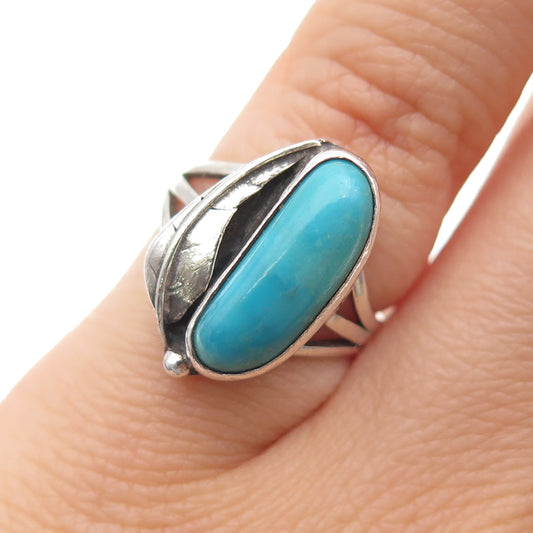 Old Pawn Sterling Silver Vintage Southwestern Turquoise Feather Ring Size 4.5