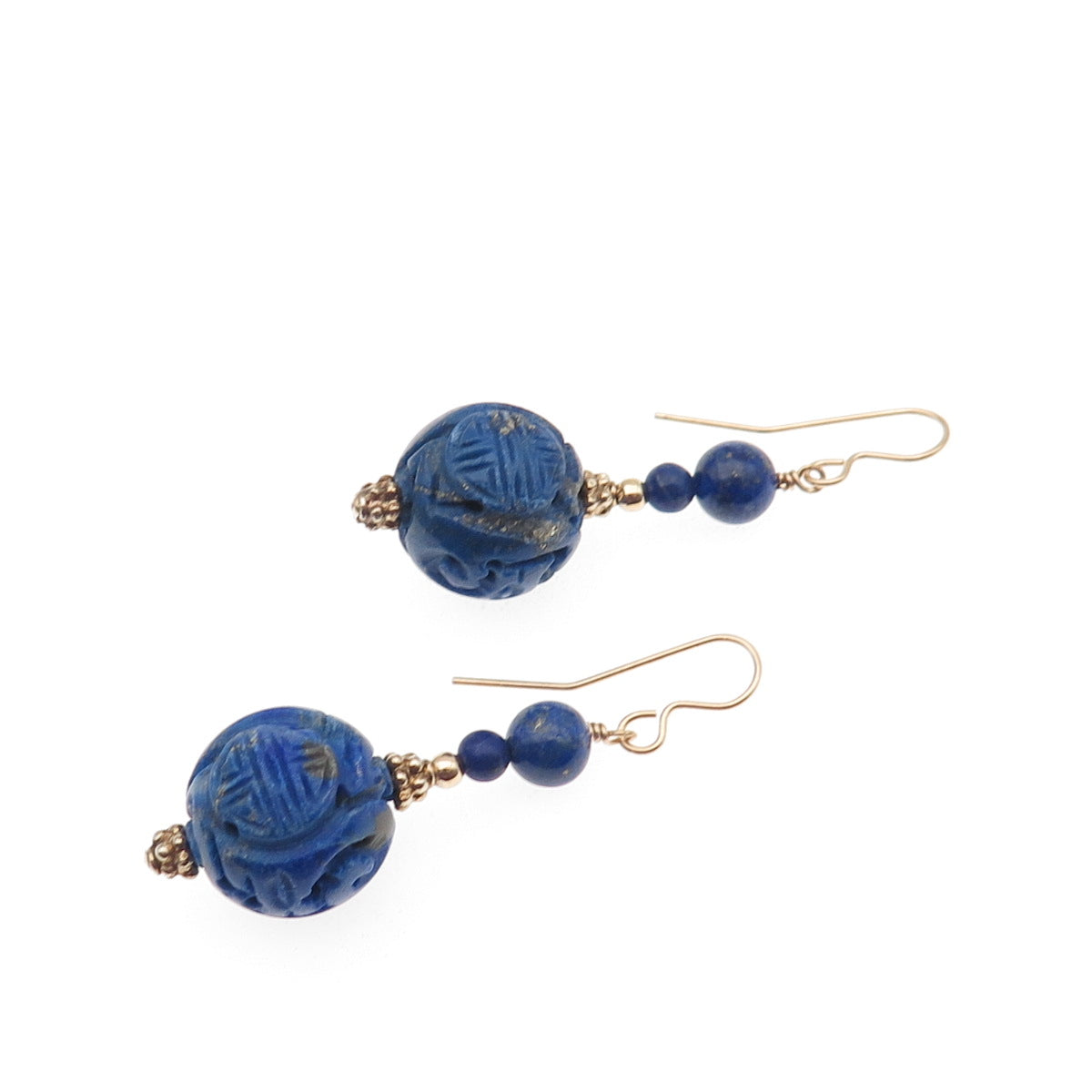 1/20 14K Gold Filled Vintage Real Lapis Carved Ball Beaded Dangle Earrings