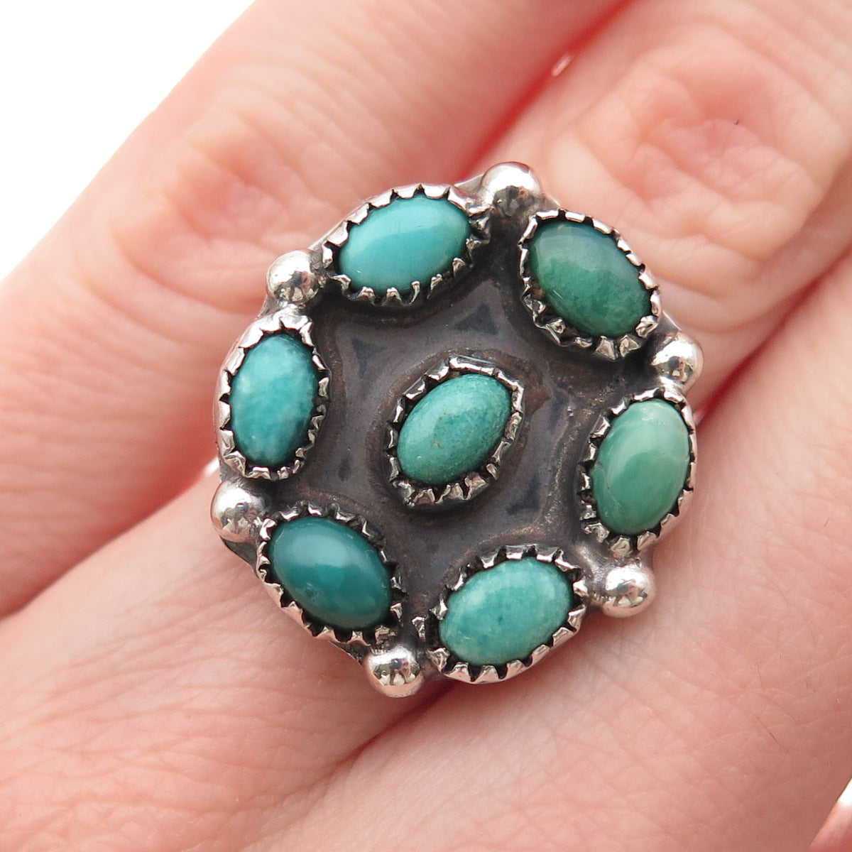 Old Pawn 925 Sterling Silver Vintage Kingman Turquoise Tribal Ring Size 4.25