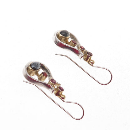 925 Sterling Silver 2-Tone Vintage Real Hematite & Red Garnet Modernist Earrings