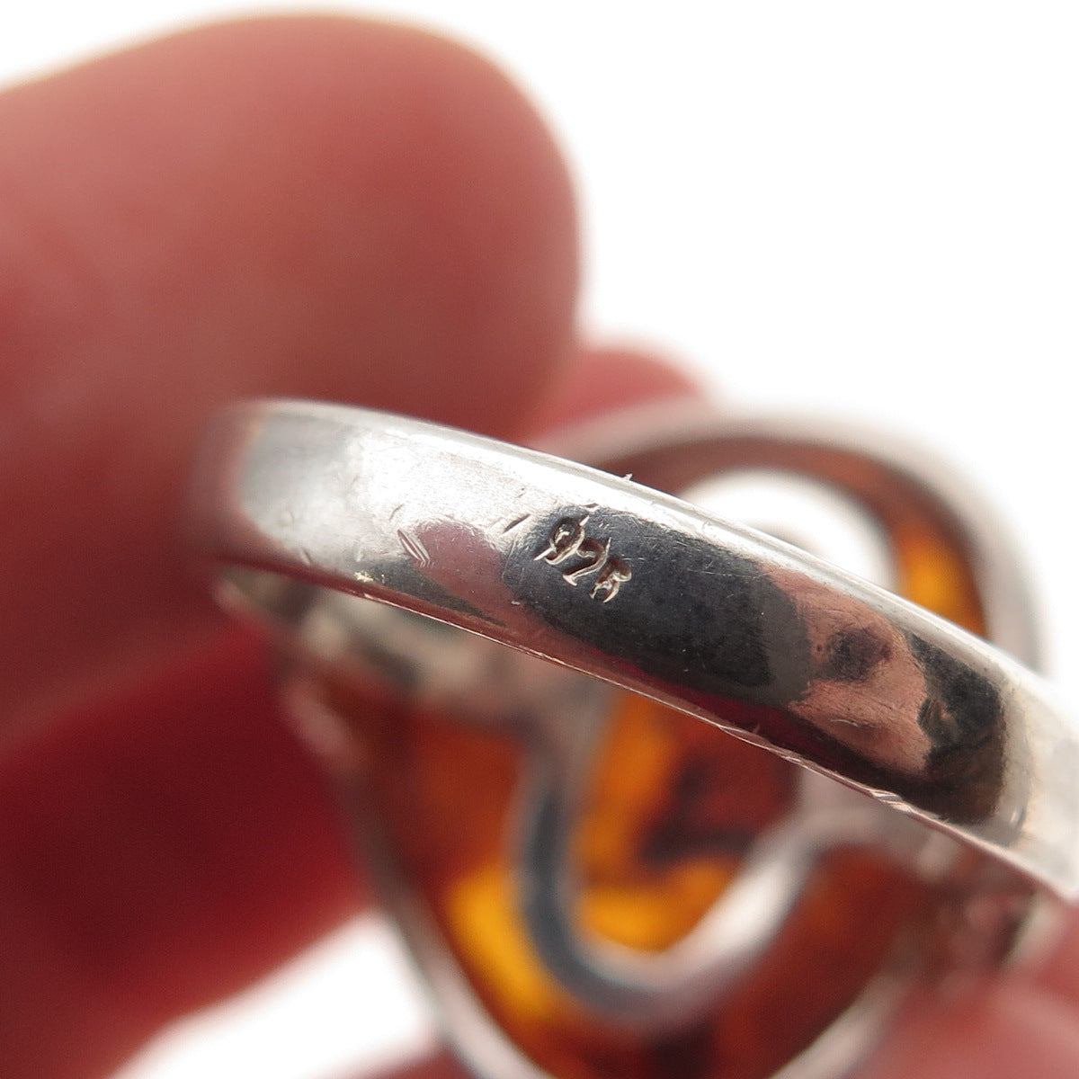 925 Sterling Silver Vintage Real Amber Modernist Ring Size 9.25