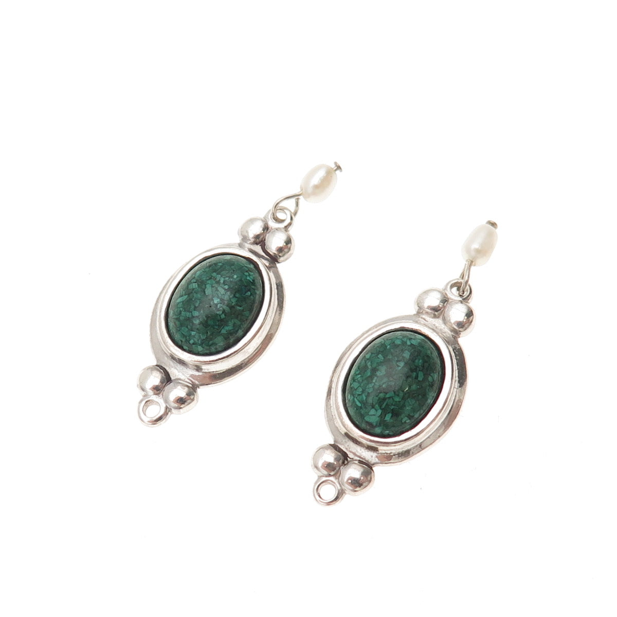 Coleman Co. Sterling Silver Vintage Real Malachite Inlay & Pearl Jacket Earrings