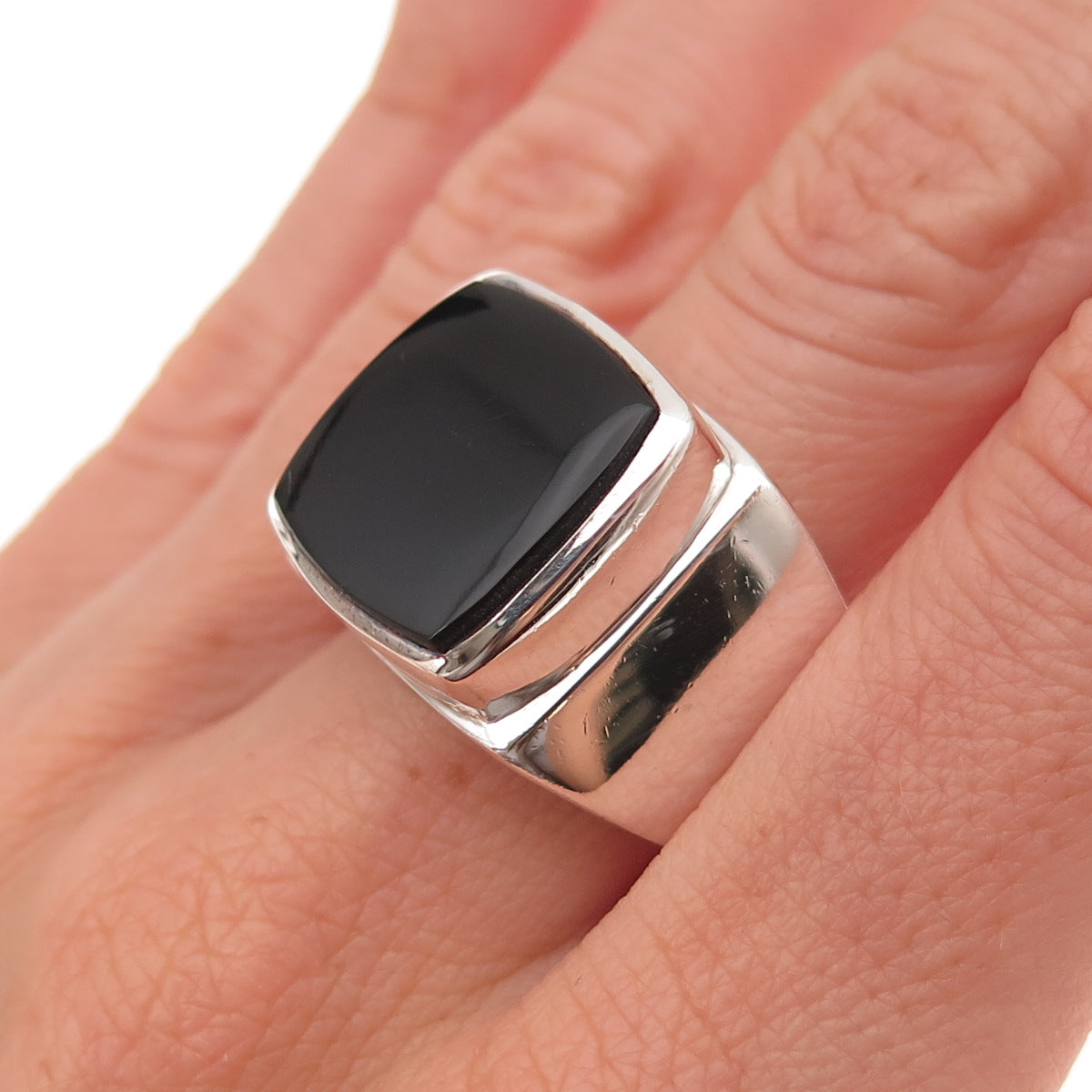 925 Sterling Silver Vintage Real Black Onyx Modernist Ring Size 10