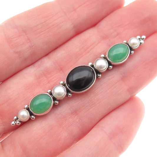 JGD Janice Girardi 925 Sterling Vintage Real Black Onyx Chalcedony Pearl Brooch