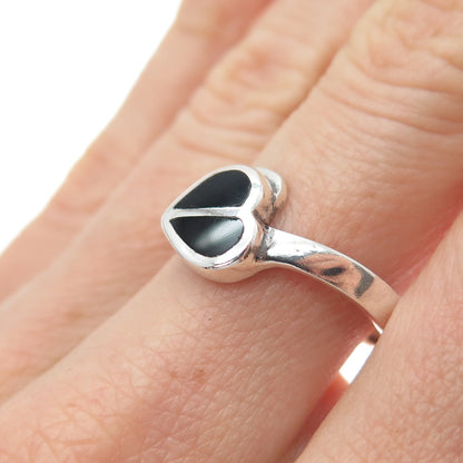 925 Sterling Silver Vintage Real Black Onyx Modernist Heart Ring Size 8