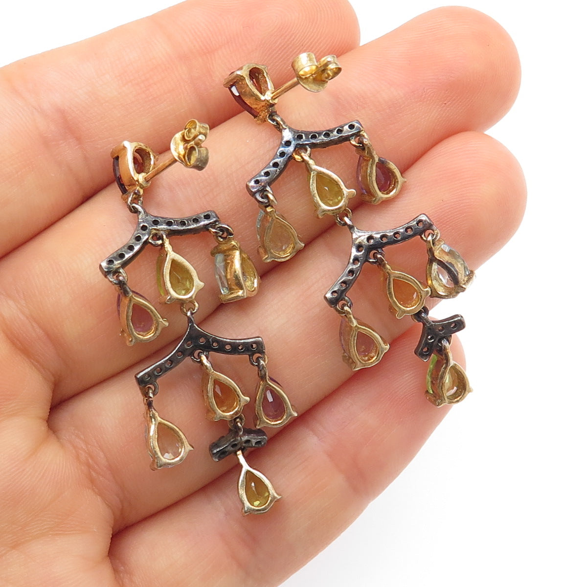 925 Sterling Silver Gold Plated Black Rhodium Real Diamond & Multi-Gem Earrings