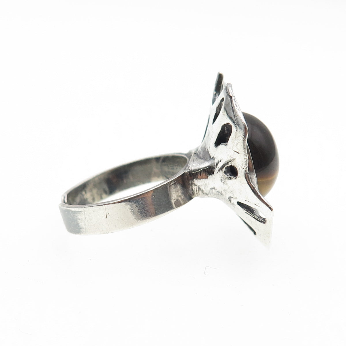 925 Sterling Vintage Israel Real Tiger Eye Modernist Adjustable Ring Size 7.75