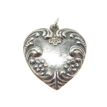 925 Sterling Silver Antique Art Deco Repousse Heart Chatelaine Charm Pendant