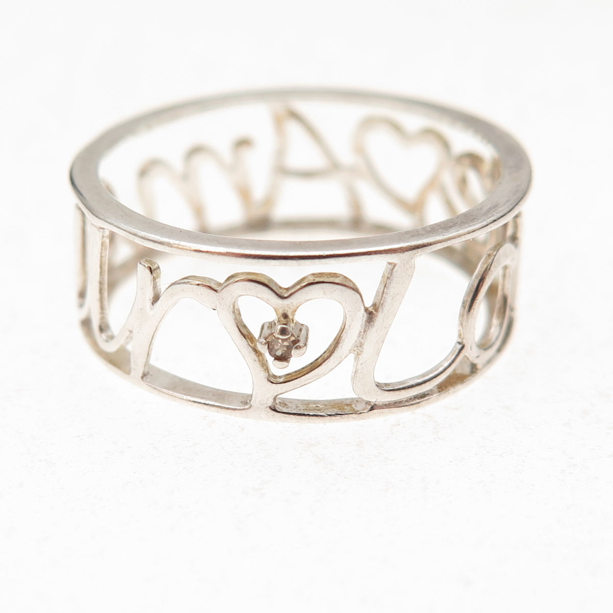 925 Sterling Silver Real Diamond Love / Amour Heart Band Ring Size 8