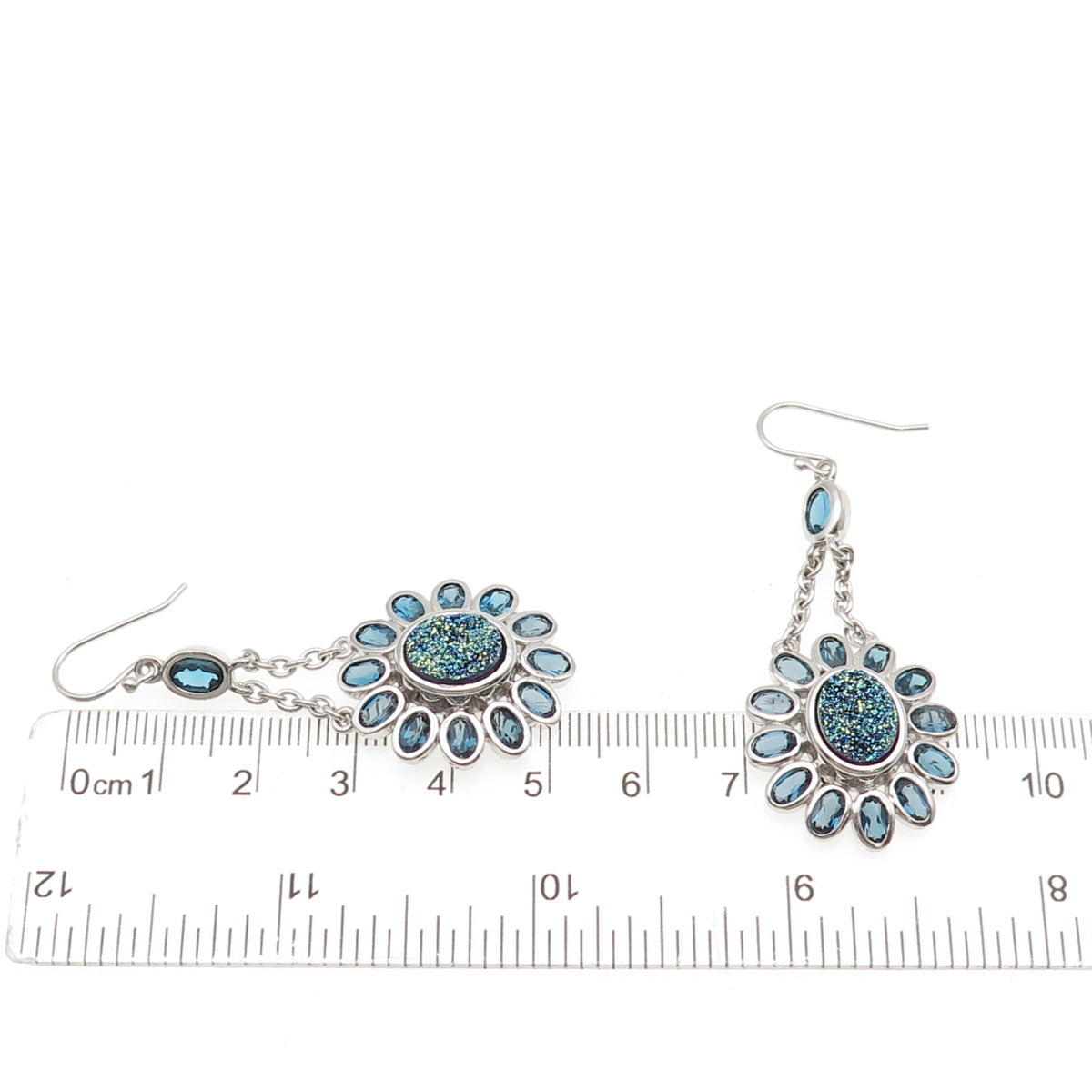 925 Sterling Silver Real London Blue Topaz & Druzy Dangle Earrings
