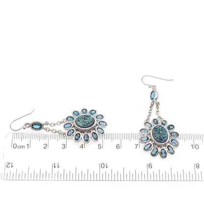 925 Sterling Silver Real London Blue Topaz & Druzy Dangle Earrings