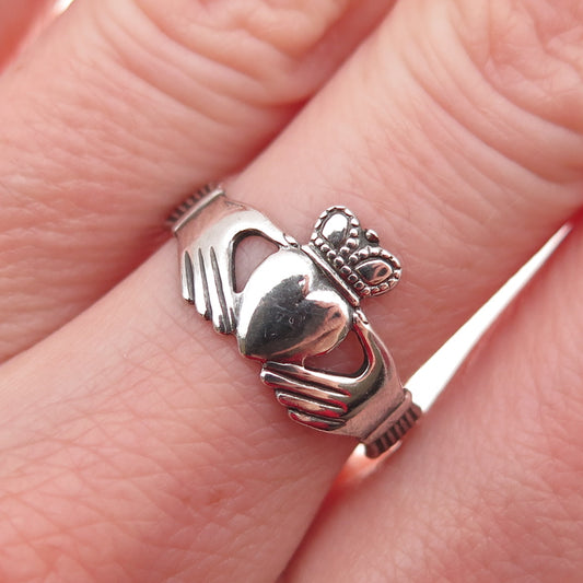 Solvar 925 Sterling Silver Vintage Dublin Irish Claddagh Oxidized Ring Size 7.5