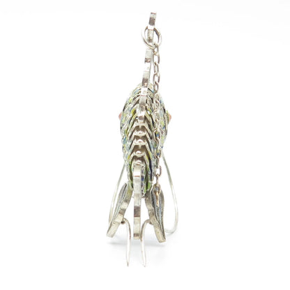 925 Sterling Silver Antique Enamel Chinese Koi Fish Articulated Chatelaine Fob