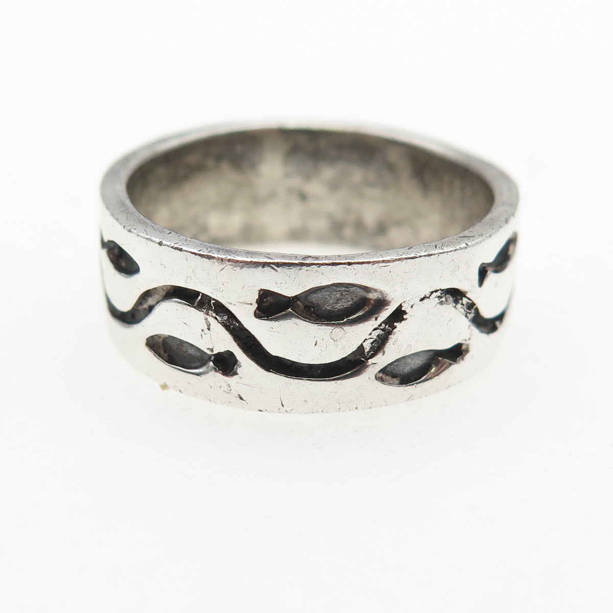 925 Sterling Silver Vintage Fish Oxidized Band Ring Size 7.75