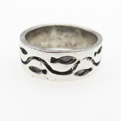 925 Sterling Silver Vintage Fish Oxidized Band Ring Size 7.75