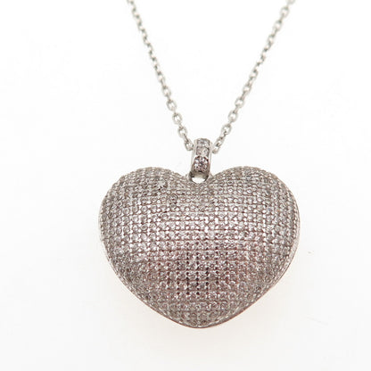 925 Sterling Silver Italy Round-Cut C Z Puffy Heart Cable Chain Necklace 16"