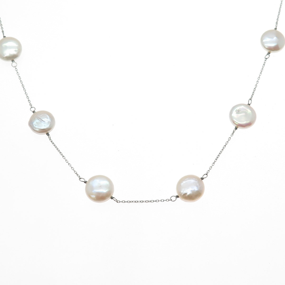 925 Sterling Silver Vintage Real Pearl Station Cable Chain Necklace 18"