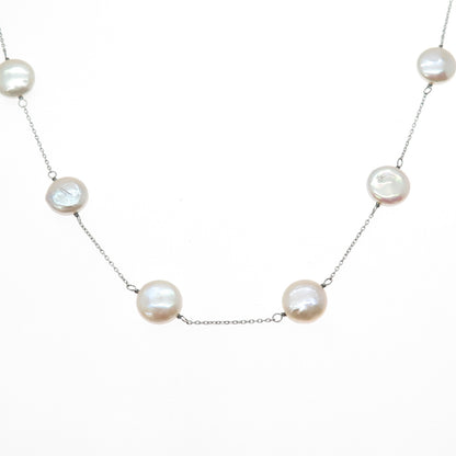 925 Sterling Silver Vintage Real Pearl Station Cable Chain Necklace 18"