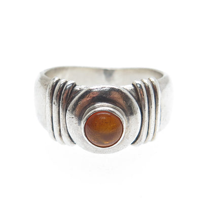925 Sterling Silver Vintage Real Amber Modernist Oxidized Ring Size 6.25