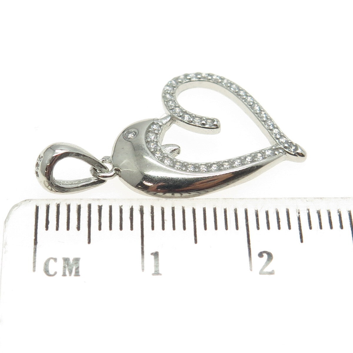 925 Sterling Silver Round-Cut C Z Dolphin Heart Pendant