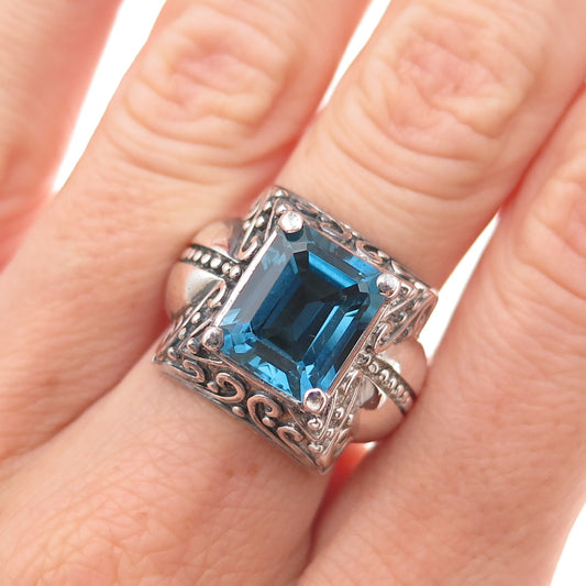 925 Sterling Silver Vintage Real London Blue Topaz Oxidized Ring Size 6.25