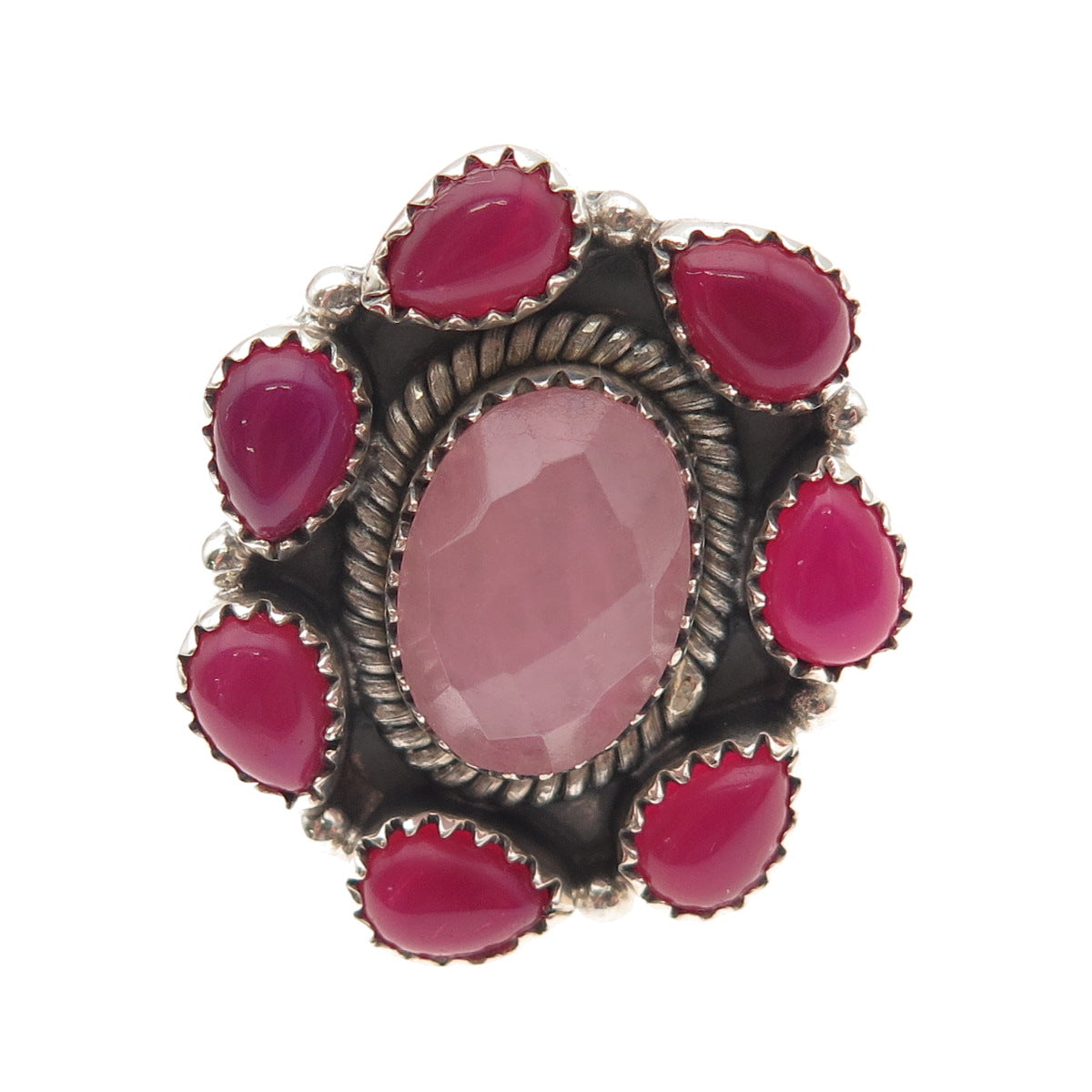925 Sterling Silver Vintage Real Rose Quartz Pink Onyx Adjustable Ring Size 8.25