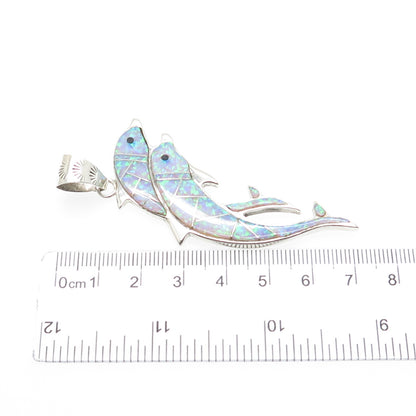 CALVIN PETERSON NAVAJO Old Pawn 925 Sterling Vintage Opal & Onyx Dolphin Pendant
