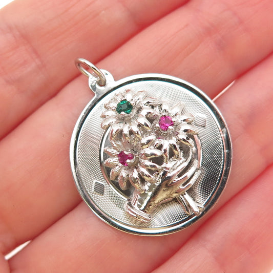 925 Sterling Silver Vintage Multi-Color Rhinestone Flower Charm Pendant