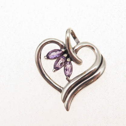 925 Sterling Silver Vintage Real Marquise-Cut Amethyst Heart Charm Pendant