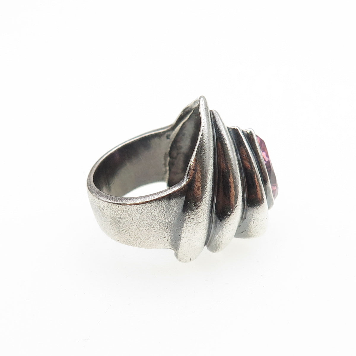 925 Sterling Silver Vintage Pear-Cut Pink C Z Modernist Oxidized Ring Size 5.75