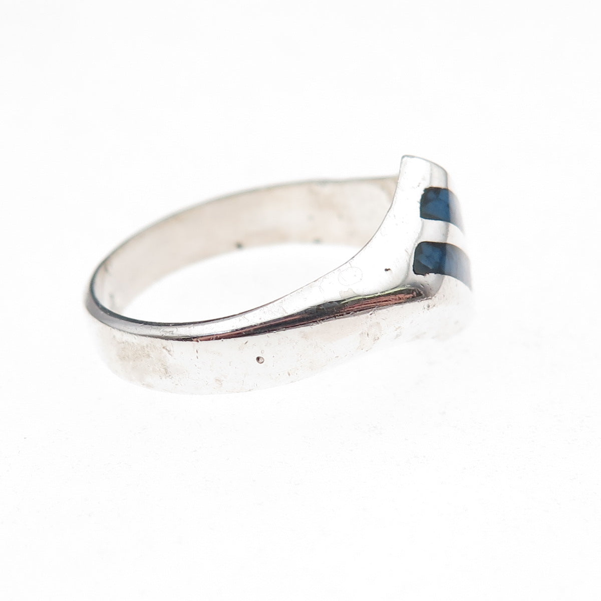 925 Sterling Silver Vintage Real Turquoise Inlay Oxidized Ring Size 7.75