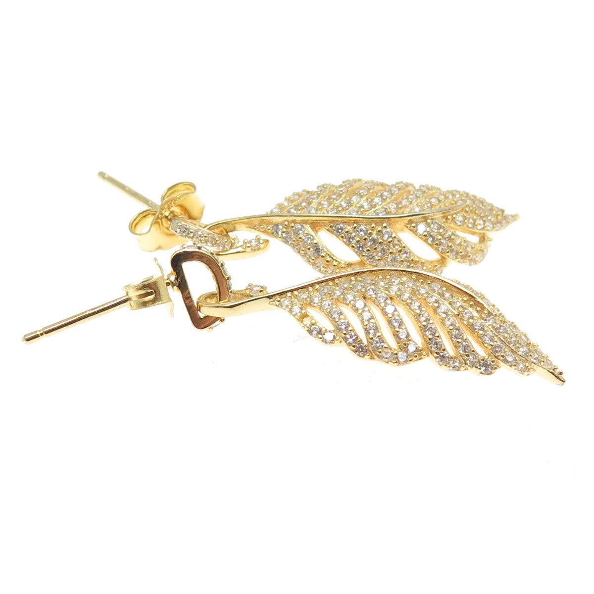 925 Sterling Silver Gold Plated Round-Cut C Z Feather Dangling Earrings