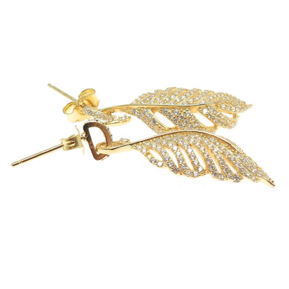 925 Sterling Silver Gold Plated Round-Cut C Z Feather Dangling Earrings