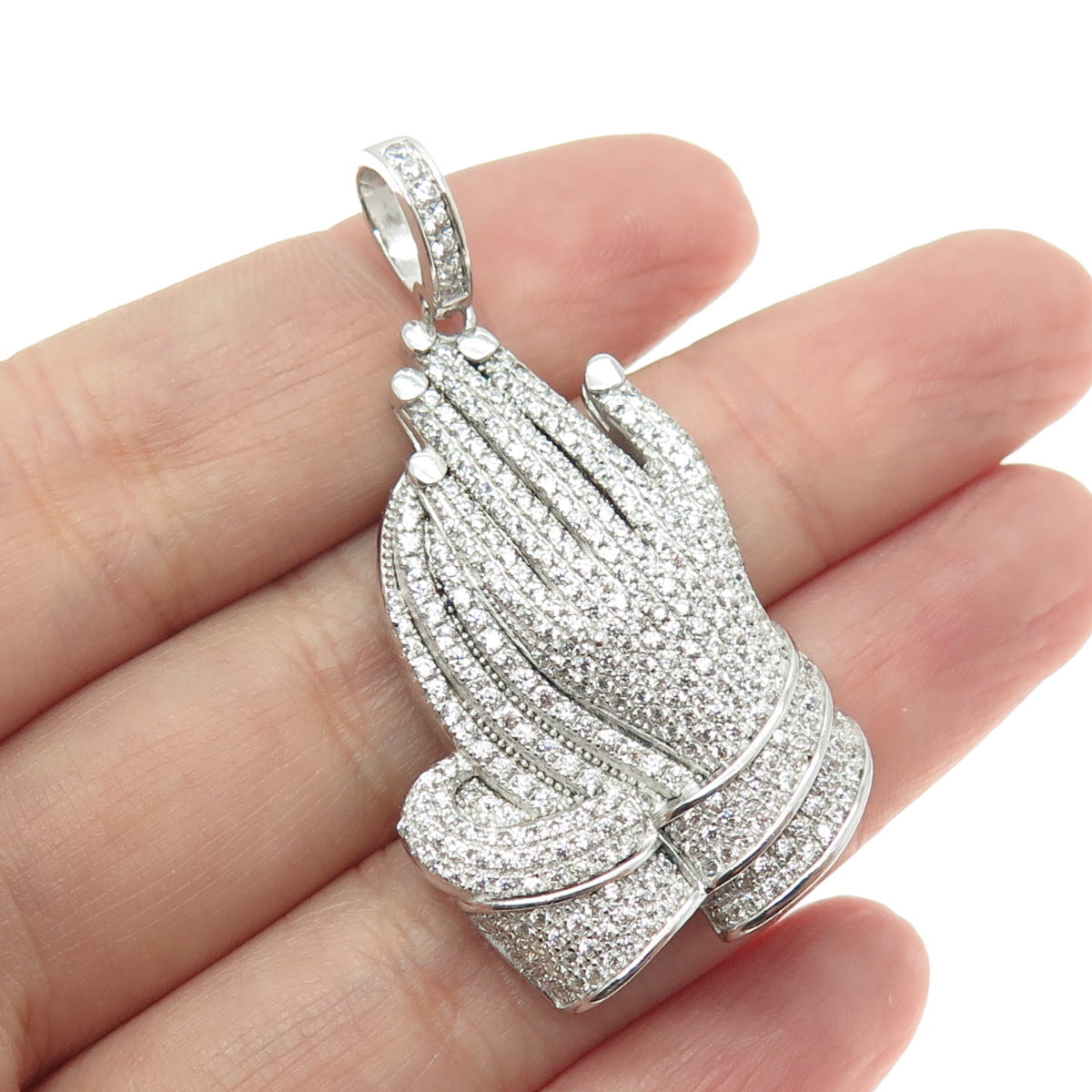 925 Sterling Silver Round-Cut C Z Prayer Hands Pendant