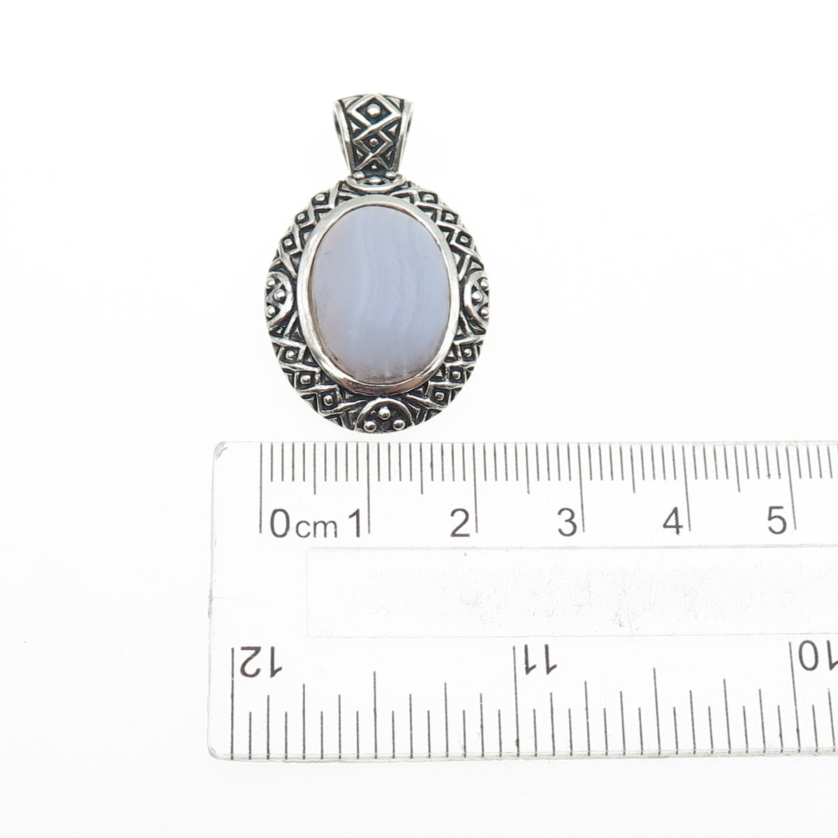 925 Sterling Silver Vintage Real Lace Agate Oxidized Charm Pendant