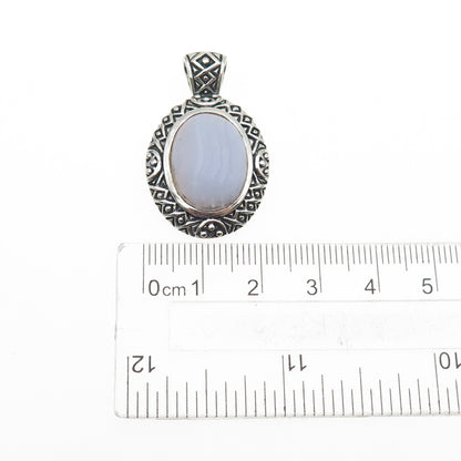 925 Sterling Silver Vintage Real Lace Agate Oxidized Charm Pendant
