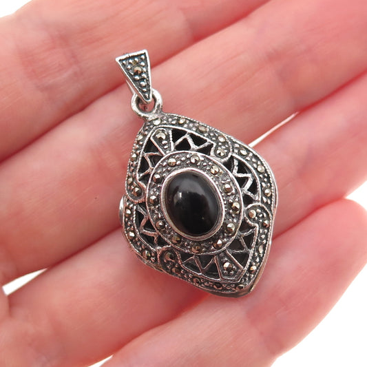 Charles Winston 925 Sterling Vintage Real Black Onyx & Marcasite Locket Pendant