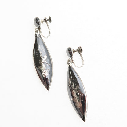 925 Sterling Silver Antique Art Deco Niello Hindu Goddess Screw Back Earrings