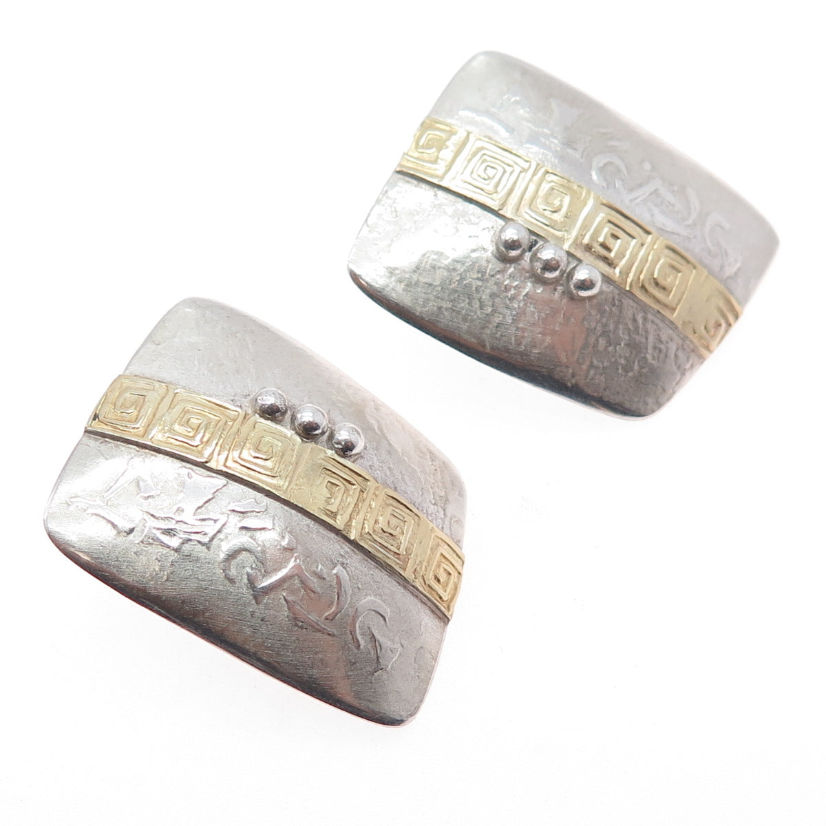 RIR-D 925 Sterling Silver 18K Gold Vintage Modernist Greek Maze Earrings